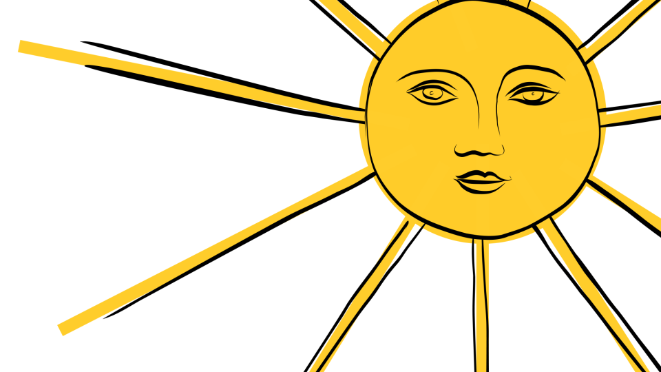 Paula Harmaalan piirtämä keltainen aurinko kasvoineen, kuvitus aurinkovoiteiden UV-suodattimista